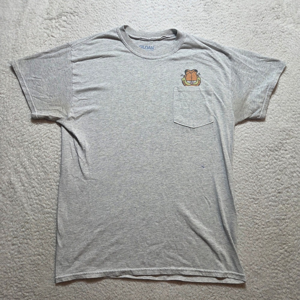 Vintage Garfield Pocket T Shirt Mens Size Medium Gray Graphic Tee Cartoon Retro